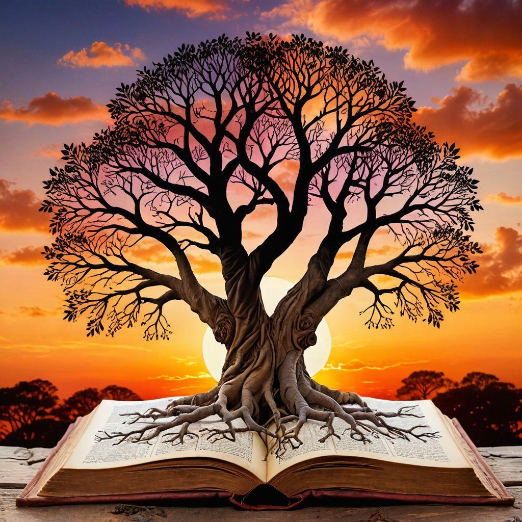 A heartwarming scene showing a family tree with roots entwining around an ancient, illuminated book. Faces of ancestors emerge from the branches, connecting with a couple holding hands underneath, symbolizing the deep bonds of family and love. The background features a sunset sky, rich with warm hues. painting. vibrant colors.