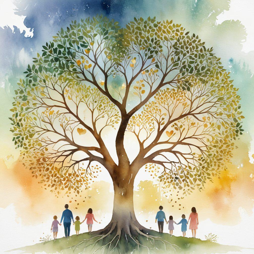 A family tree with glowing heart-shaped leaves, showing multiple generations connected through luminous golden lines, and emotional faces of diverse family members emerging from an ethereal mist. Each face reflects joy, curiosity, and nostalgia as they gaze at the tree. watercolor painting. vibrant colors. soft light.