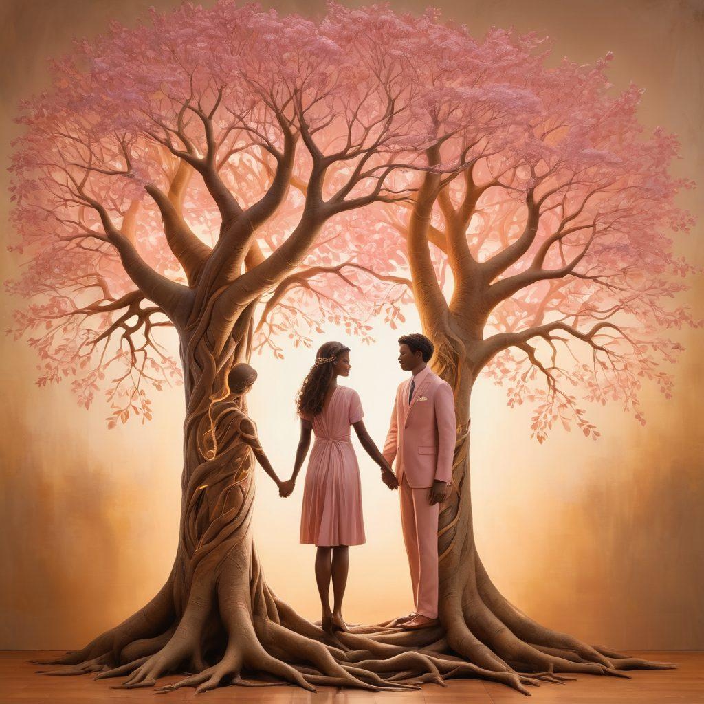 A loving couple holding hands, surrounded by a glowing family tree with intertwined branches and roots. Portraits of ancestors in sepia tones are embedded within the tree, with golden threads connecting past generations to the couple. Soft pink and gold hues fill the background, creating a warm and tender atmosphere. painting. vibrant colors. 3D.